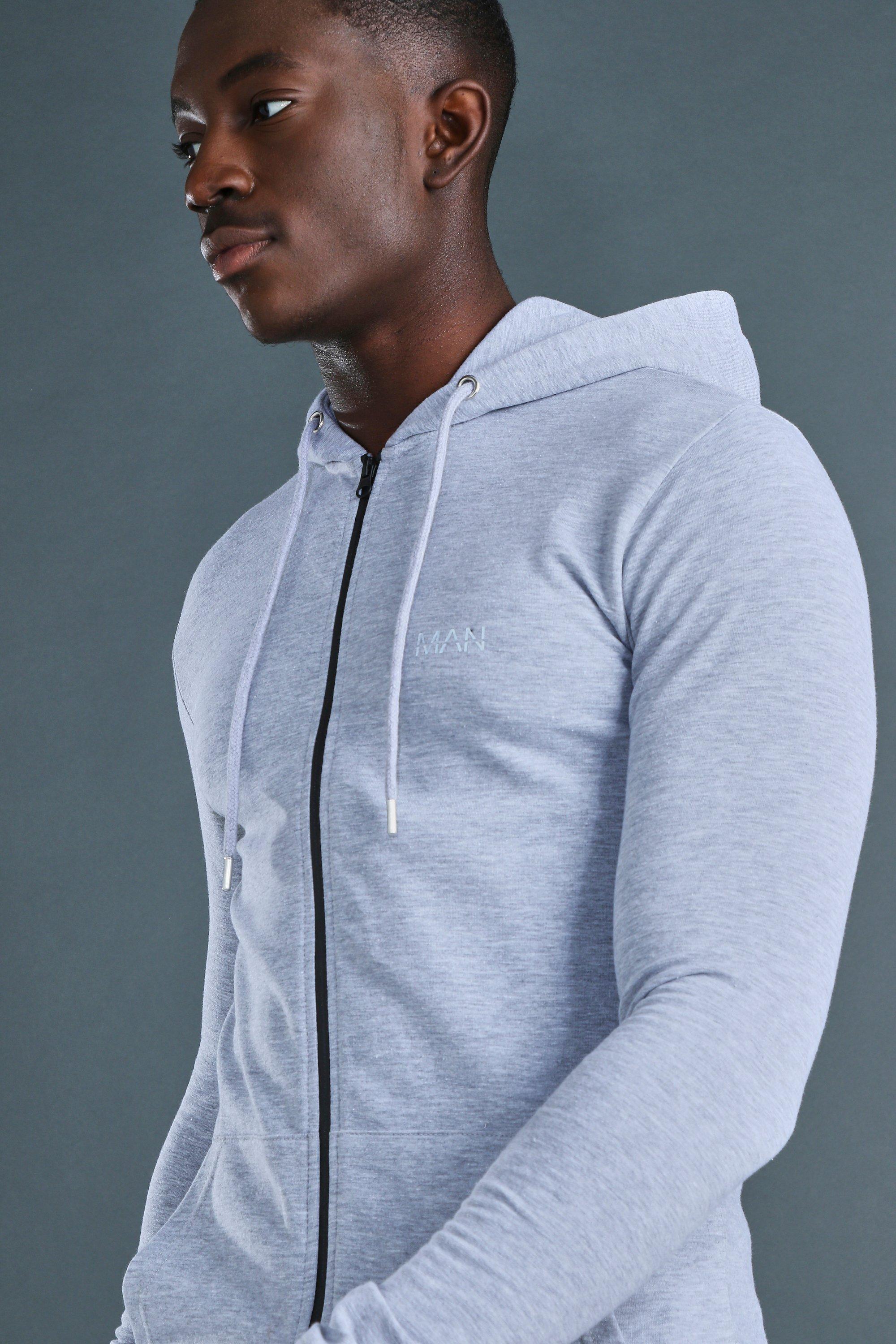 Muscle fit grey hoodie sale